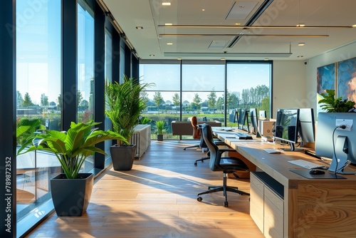 modern office environment, with a roomy workspace filled with natural light, providing a serene setting for business activities © ChomStyle