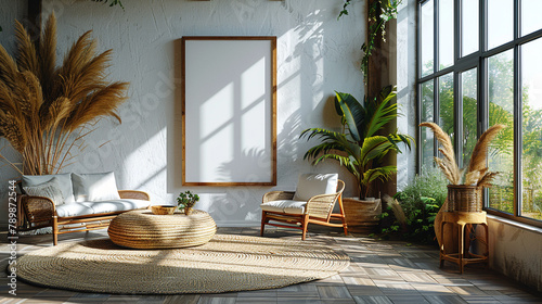 A mock-up of a gallery hall with a photorealistic still life painting behind a blank white wall.