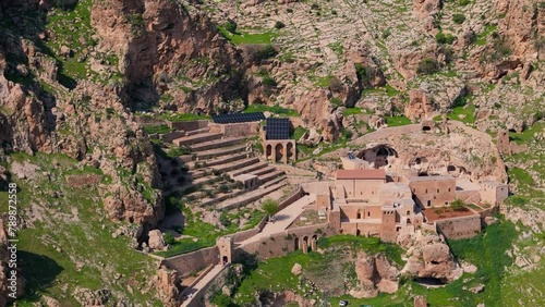 Aerial 4K vieos of mor evgin monastery in mardin with beautiful view of mesopotamia photo