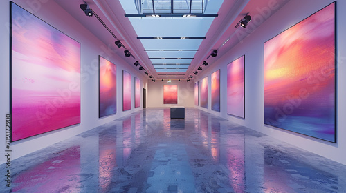 An exhibition of abstract expressionist paintings in an art gallery with a facsimile of a blank white wall frame. photo