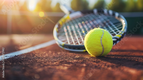 A tennis ball and a racket on sports court 