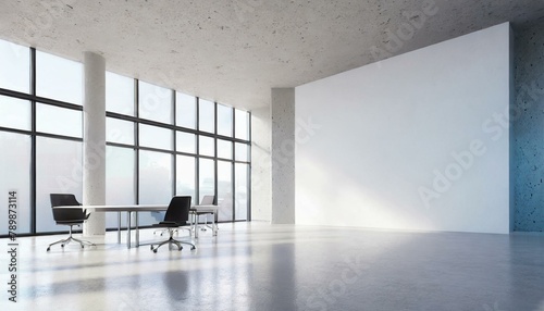 Modern Workspace  3D Rendering Mockup with White Wall and Large Windows