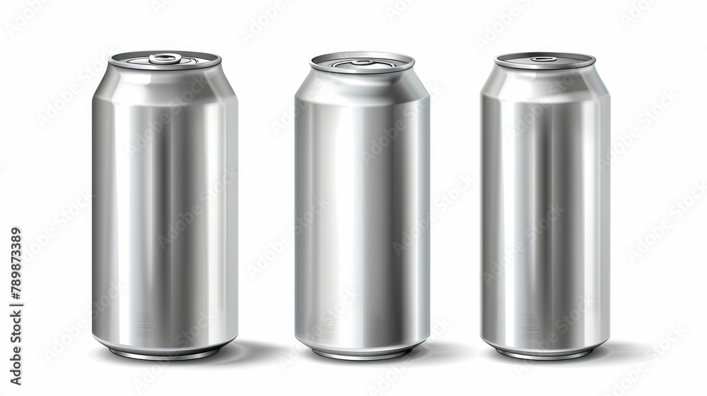 Modern realistic mockup of blank metal tin can with ring pull on lid isolated on white background showing front, top, and bottom views. Modern realistic mockup of blank metal tin can with ring pull on lid isolated on white background showing front, top, and bottom views.