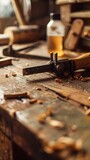 Wooden workbench with a hammer on it. Tolls background. Vertical background