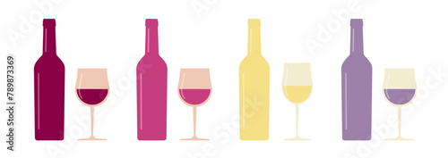 Wine bottle and glasses types icon vector, rose red white purple pink silhouette shapes illustration graphic set simple pictograms for menu image clip art modern design