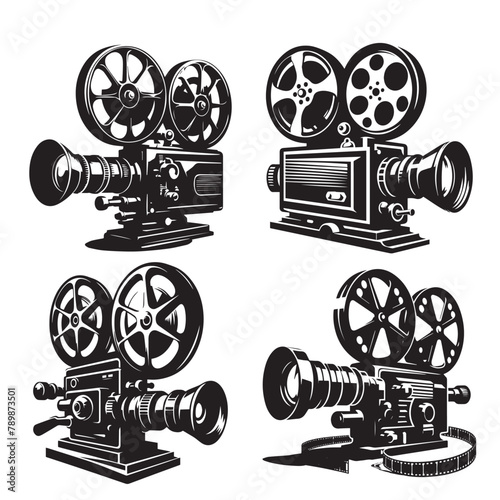  set of Vintage video projector. Retro movie camera on tripod isolated on white background. Vector illustration
