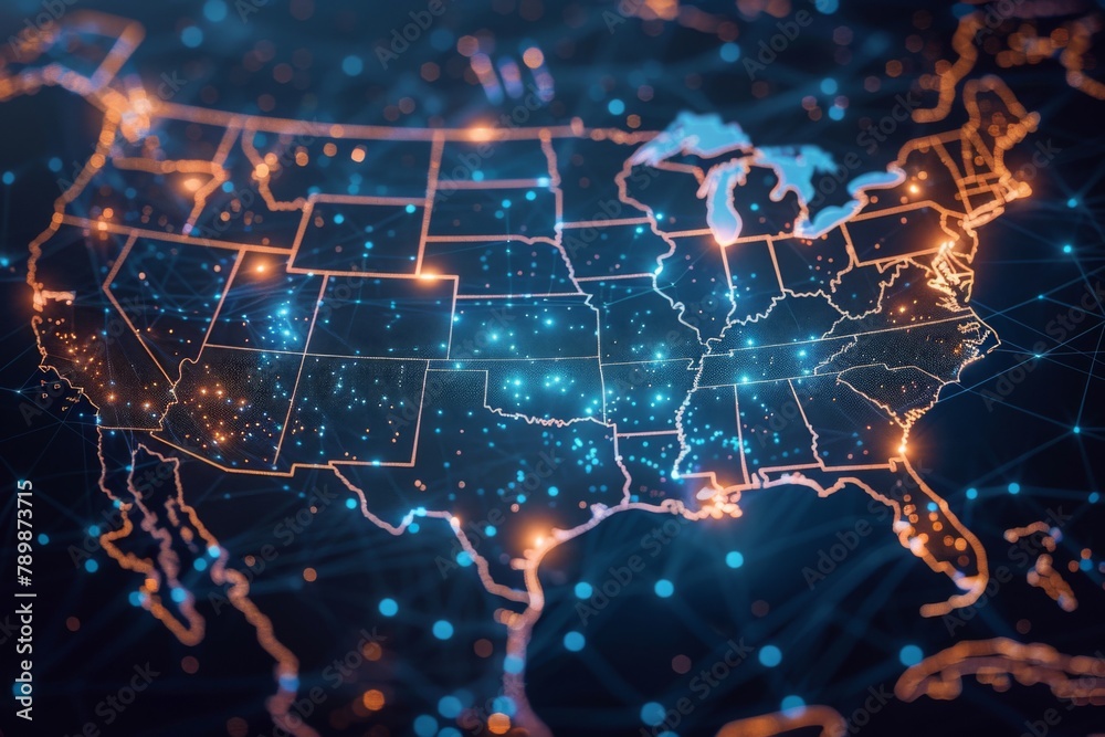 Fototapeta premium Digital Map of USA with Network Connection created with generative AI