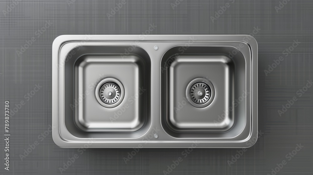 A realistic modern mock-up of a stainless steel sink top view. The metal sink has a right side place to clean dishes. Silver colored household objects isolated on a transparent background. A realistic modern mock-up of a stainless steel sink top view. The metal sink has a right side place to clean dishes. Silver colored household objects isolated on a transparent background.