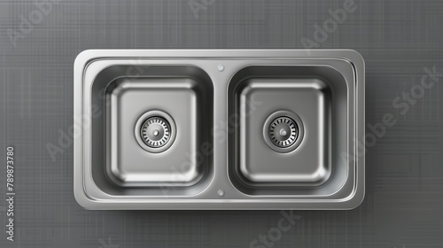 A realistic modern mock-up of a stainless steel sink top view. The metal sink has a right side place to clean dishes. Silver colored household objects isolated on a transparent background.