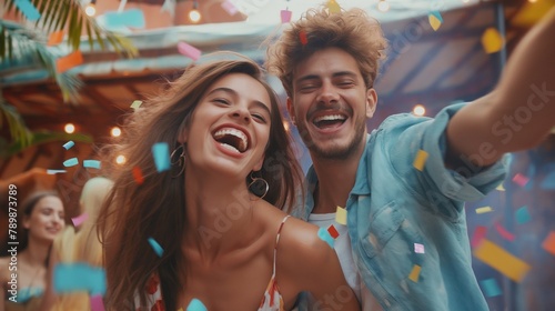 Dynamic duo: energetic portrait of a happy man and woman immersed in fun activities at a sunny outdoor party in the company of cheerful companions photo