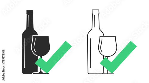 Alcohol allowed area sign icon vector, beverage verified checkmark on wine bottle drink as approved certified taste graphic illustration set line stroke outline silhouette image, vote rate label