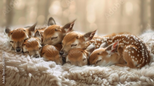 A group of baby deer sleeping together on a blanket