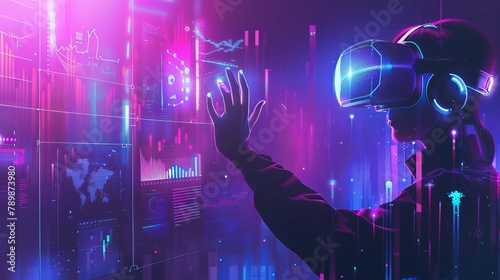 A digital art of a man with a VR headset touching a digital screen, future technology