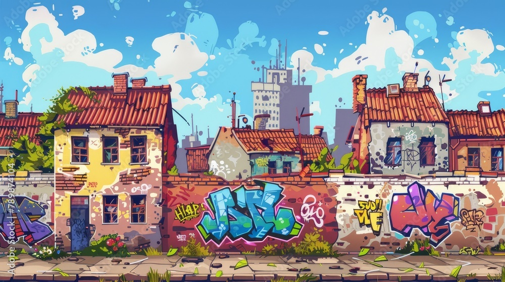 Graffiti on brick wall in ghetto neighborhood. Modern cartoon banner, cityscape with poor dirty houses and teenager painting on building.