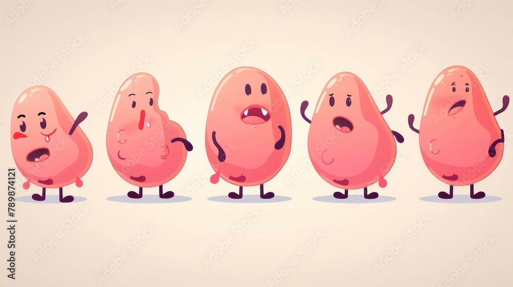 Cartoon funny stomach, human abdomen organ smiling, sleeping, feeling ache, nausea, reflux, heartburn and heartburn. Set of funny stomachs isolated on white background. Cartoon funny stomach, human abdomen organ smiling, sleeping, feeling ache, nausea, reflux, heartburn and heartburn. Set of funny stomachs isolated on white background.