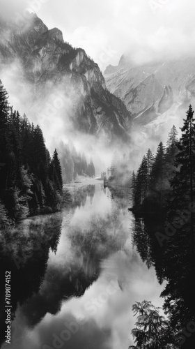 A black and white photo of a mountain lake