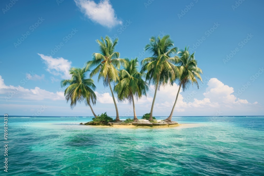 Three palm trees on a small island in the ocean. Summer travel background