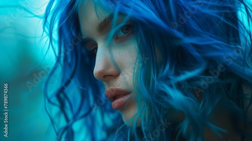 A close up of a person with blue hair