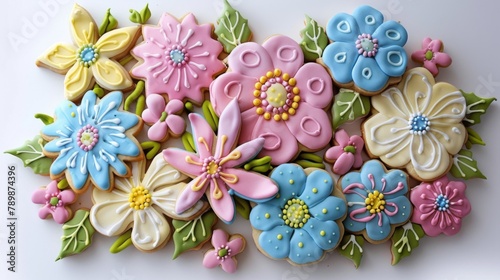 A bunch of decorated cookies on a white surface