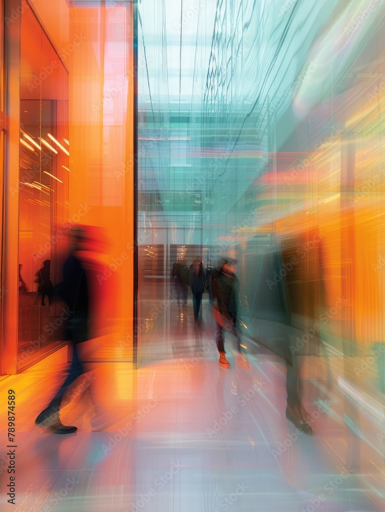 An abstract painting of people walking in a brightly lit, modern hallway