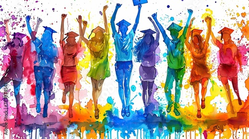 A colorful watercolor illustration depicting a group of celebrating young students photo