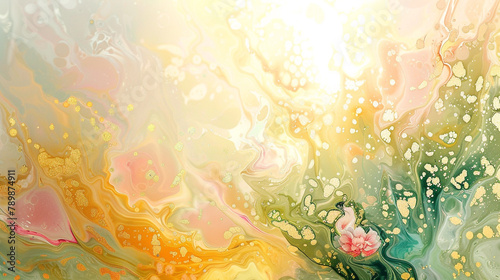 Abstract fluid art capturing the essence of a blooming garden under the first light of dawn, with soft golds, pinks, and greens. Fresh and serene.