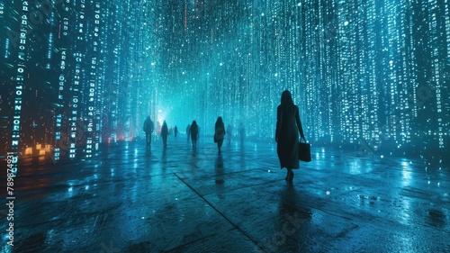 The picture of the group people that has been walking into the endless walkway that has been raining with the digital matrix green binary rain of code that seem like people search something. AIGX01. photo
