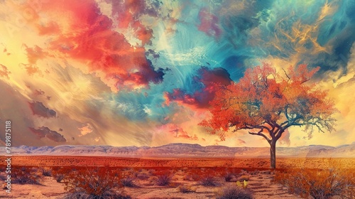 A burst of color representing the sudden bloom in a desert, lifes resilience in the harshest conditions, sparked by climate anomalies, in a style of watercolor photo