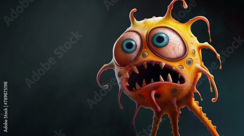 Scary cartoon style monster, spooky character with big eye on dark background. High quality illustration.