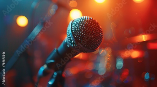 Close-up of a microphone on stage with colorful blurred lights in the background.
