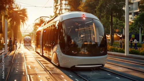 The prompt for this image is: "A futuristic tram fahrt durch eine Stadt, die von Palmen gesaumt ist."