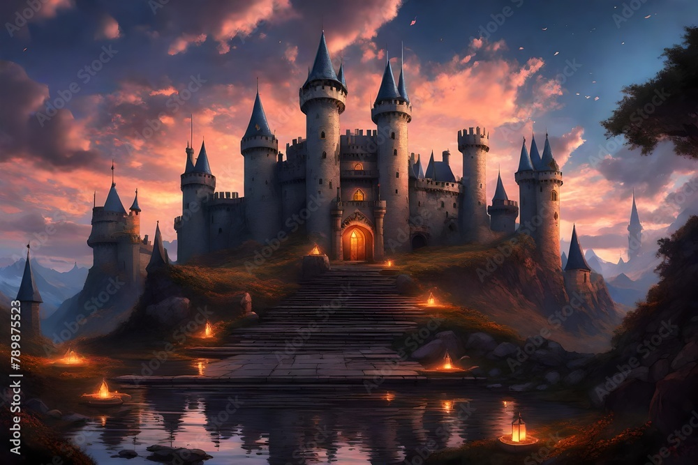 Fototapeta premium a fantasy castle setting, with towers adorned with banners against a vivid evening sky.