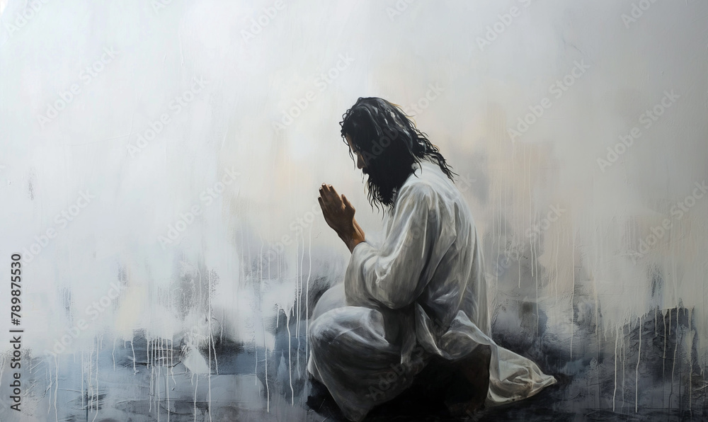 Jesus sitting for praying on dirty place. Digital watercolor painting. Jesus sitting for praying on dirty place. Digital watercolor painting.