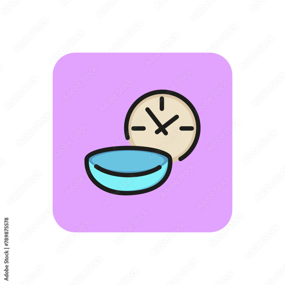 Obraz premium Icon of lens wearing time. Clock, contact lens, optical instrument. Optometry concept. Can be used for topics like wearing schedule, care of eye, instruction
