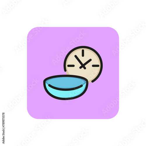 Icon of lens wearing time. Clock, contact lens, optical instrument. Optometry concept. Can be used for topics like wearing schedule, care of eye, instruction
