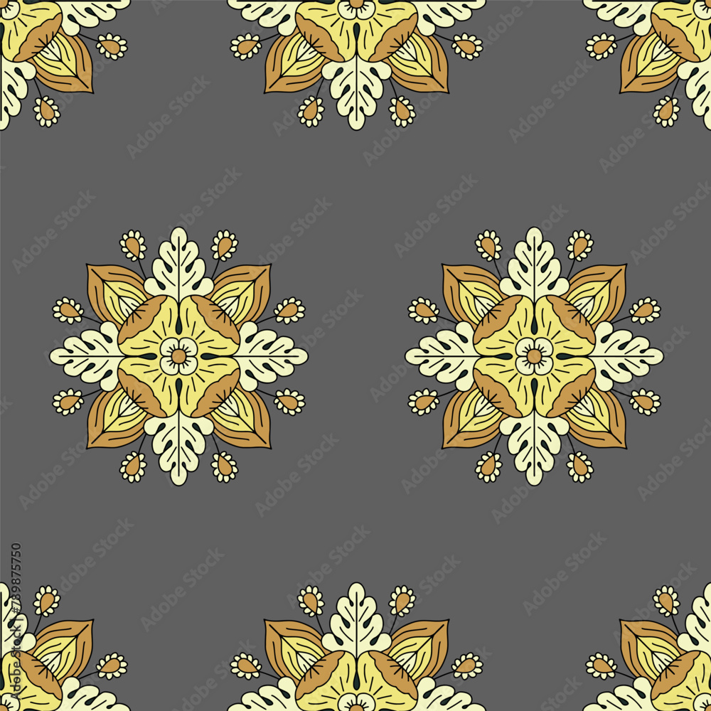 Seamless pattern with hand drawn yellow classic floral rosette motifs on a gray background