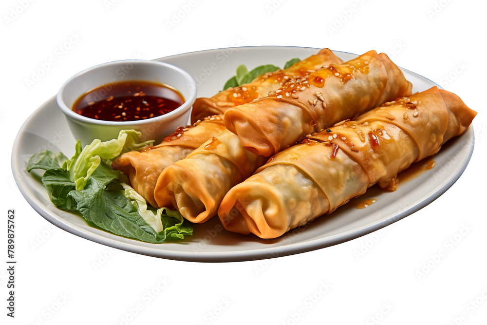 Crispy and Tasty Spring Rolls with Salad and Sause Isolated On White Background Crispy and Tasty Spring Rolls with Salad and Sause Isolated On White Background