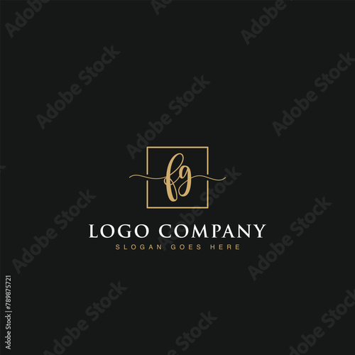 Initials signature letters FG linked inside minimalist luxurious square line border vector logo gold color design for brand, identity, invitations, hotel, boutique, jewelry, photography, company signs