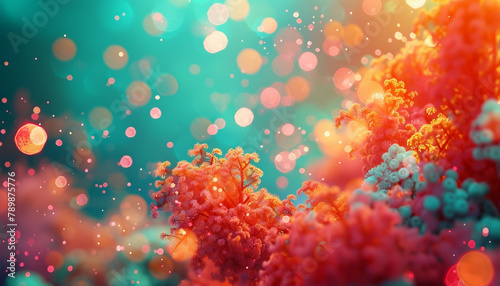 An abstract composition in bright coral and teal, where defocused lights suggest the vibrant, lively dance of coral reefs teeming with life beneath the sea. The atmosphere is colorful and bustling.