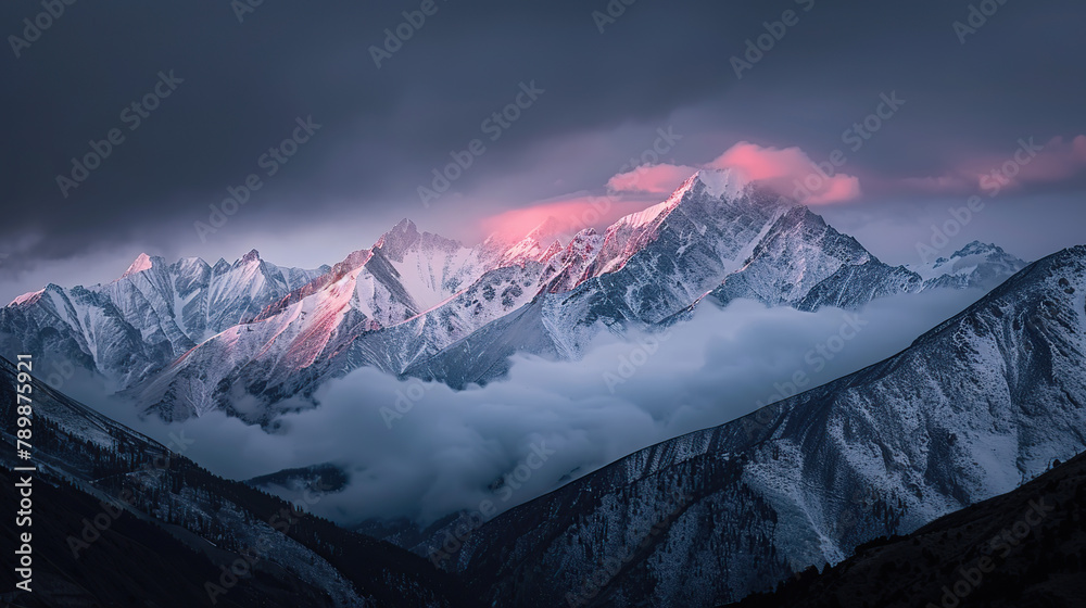 Obraz premium The scene of a sea of clouds illuminated by golden light on the top of a snowy mountain