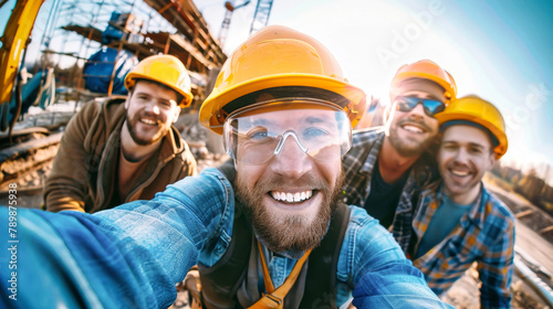 A lively group of cheerful construction workers wearing hard hats and safety glasses, engaging in a fun dance routine at the construction site © Anoo