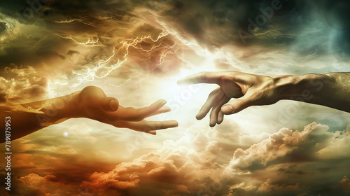 Two hands of praying people reaching towards each other in the sky, symbolizing unity, spirituality, and connection