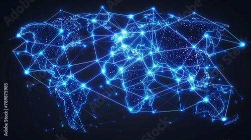An abstract, digital world map, with continents outlined by bright blue neon lines against a dark background, interconnected by pulsating dots. This represents global communication networks.