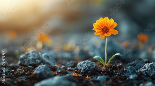 Solitary Yellow Flower Emerging Among Rocks. Generative AI © Vilaysack