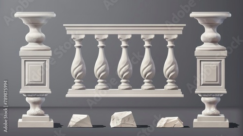 An architecture elements set of elements including pillars, columns, balusters, and handrails for a balcony, terrace, or parapet.