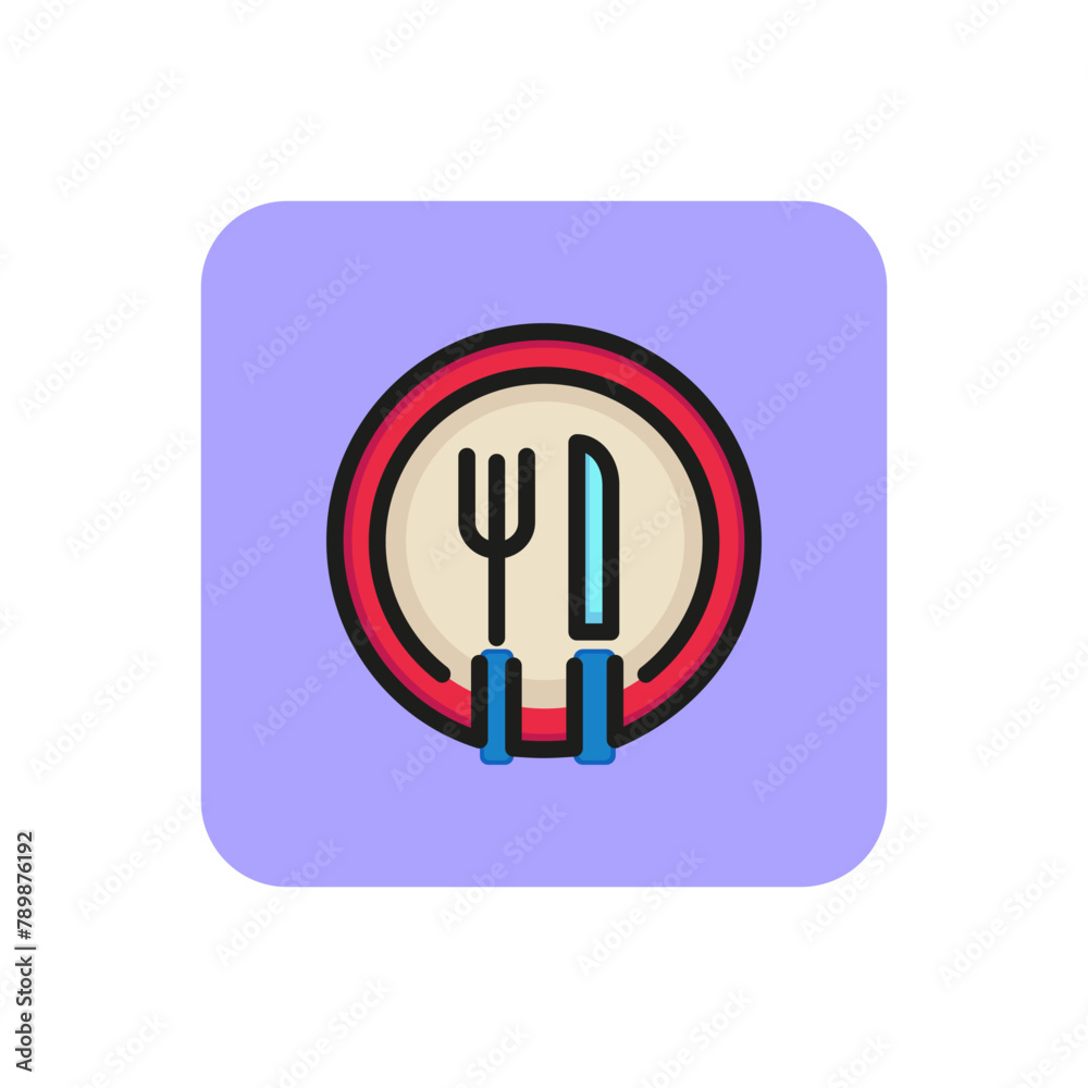 Icon of plate and cutlery. Cafe, restaurant, meal. Catering concept. Can be used for topics like service industry, food, dinner Icon of plate and cutlery. Cafe, restaurant, meal. Catering concept. Can be used for topics like service industry, food, dinner