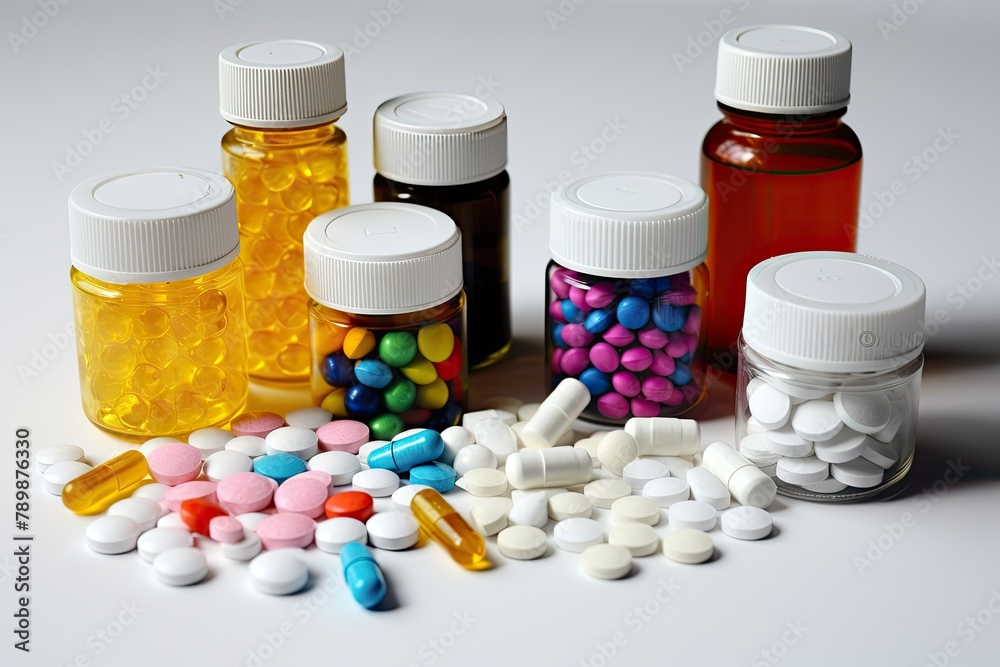 A table cluttered with an assortment of pills and medication bottles against a white background. Generative AI A table cluttered with an assortment of pills and medication bottles against a white background. Generative AI