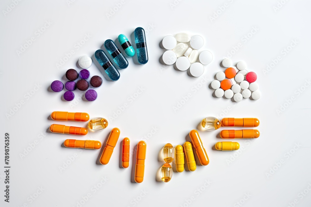 Various pills are meticulously arranged in a circular shape on a white background. Generative AI Various pills are meticulously arranged in a circular shape on a white background. Generative AI