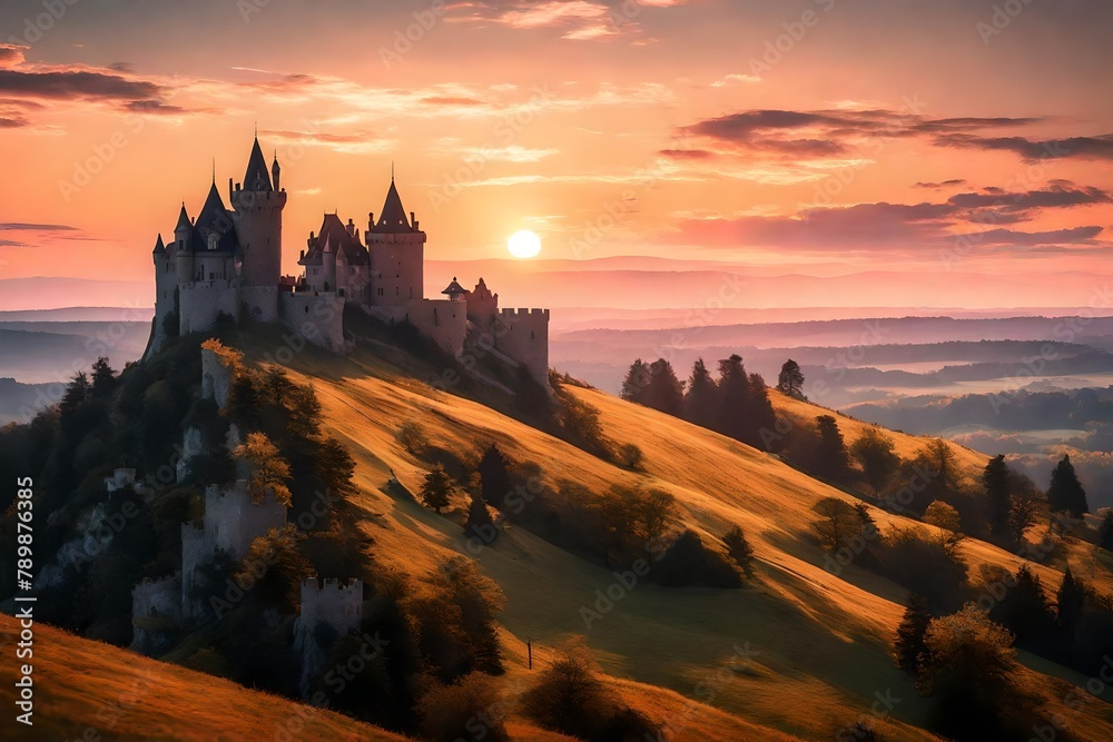 the magnificence of a hilltop castle, with turrets silhouetted against a pastel sunset. the magnificence of a hilltop castle, with turrets silhouetted against a pastel sunset.