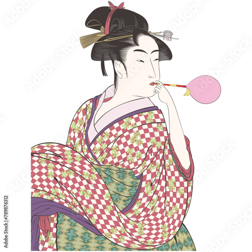 浮世絵　喜多川歌麿　風船を吹く女イメージイラスト
